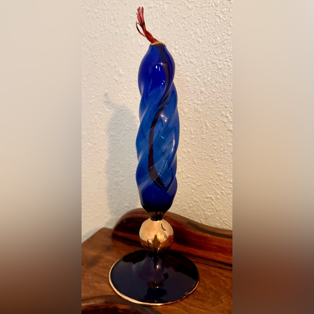 Elegant Cobalt Blue and Gold Swirled Glass Art Sculpture Oil Lamp